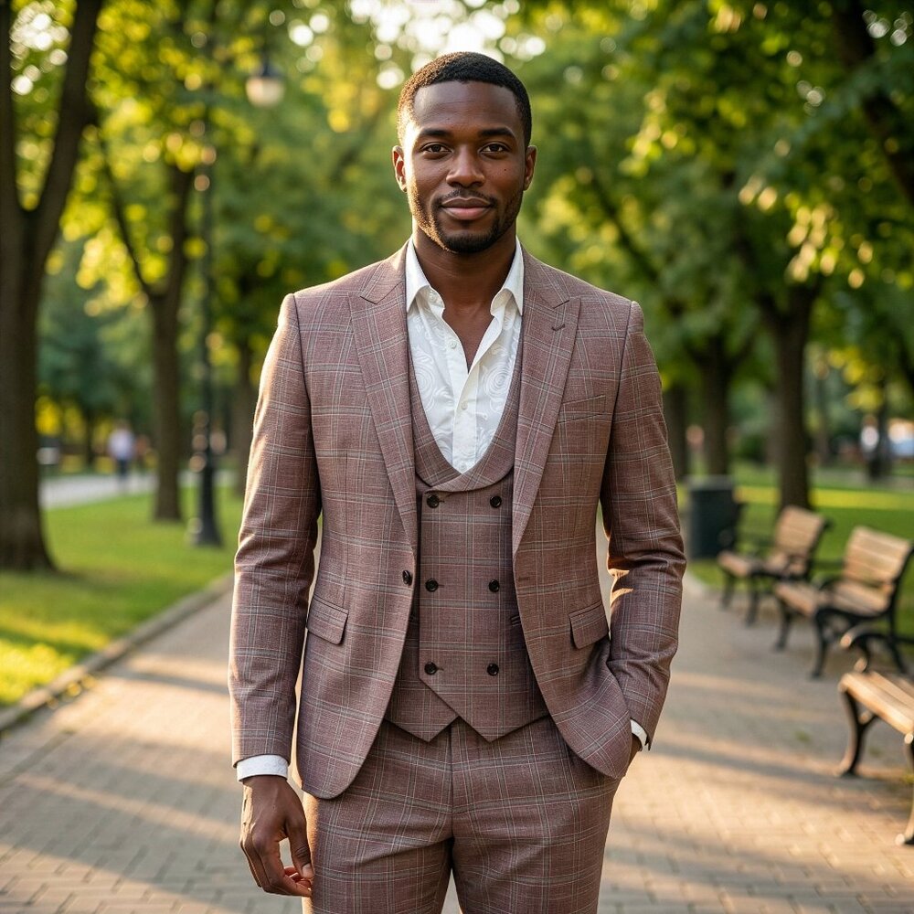 New 2026 Mens 3pc Plaid Tanned Rose Suit Set, Skinny Fit